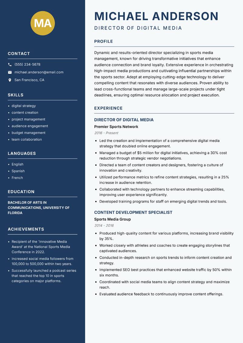 Director of Sports Media resume sample — Director of Digital Media focus