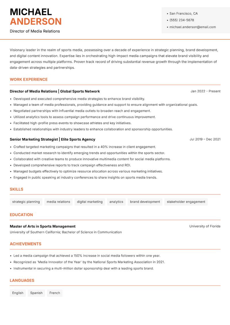 Director of Sports Media resume sample — Director of Media Relations focus