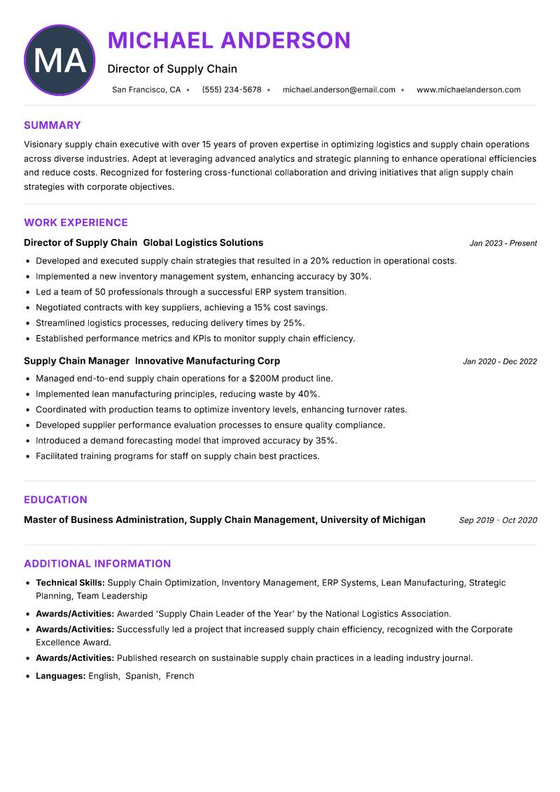 Director of Supply Chain resume example