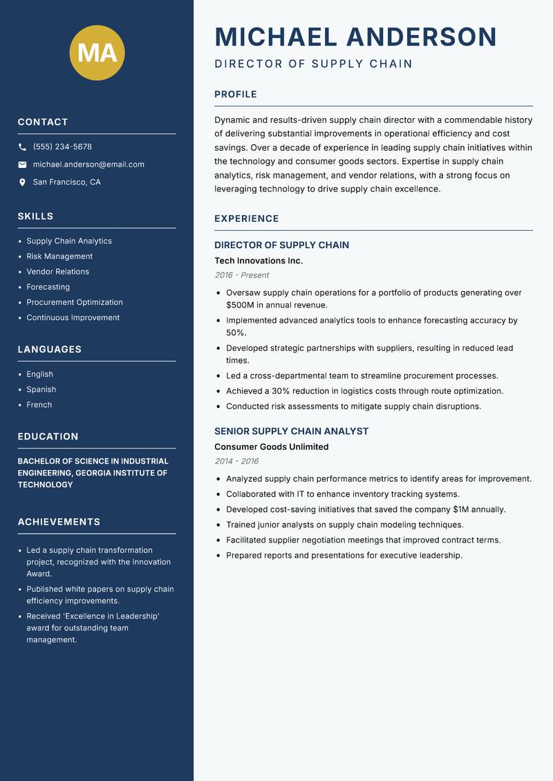 Director of Supply Chain resume sample — Director of Supply Chain focus