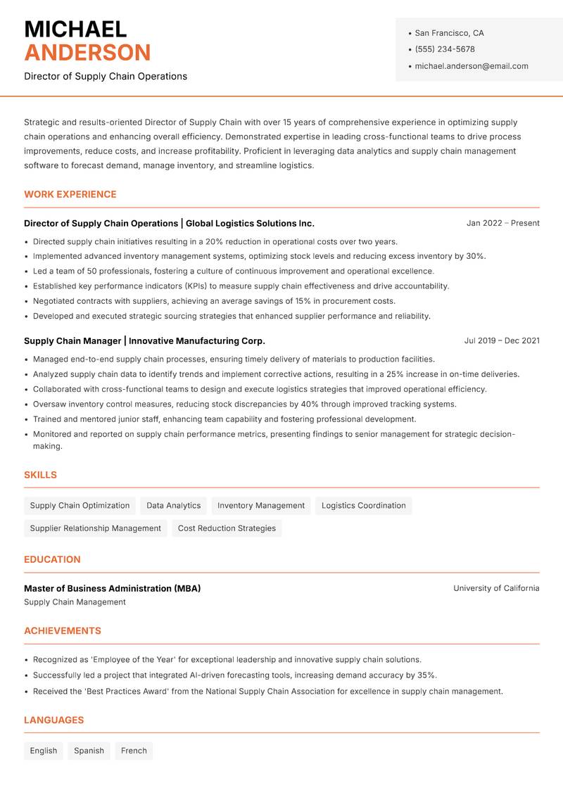Director of Supply Chain resume sample — Director of Supply Chain Operations focus