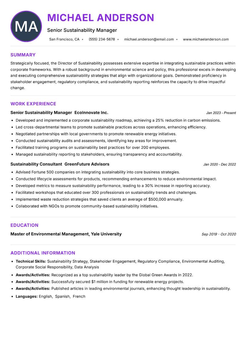 Director of Sustainability resume example