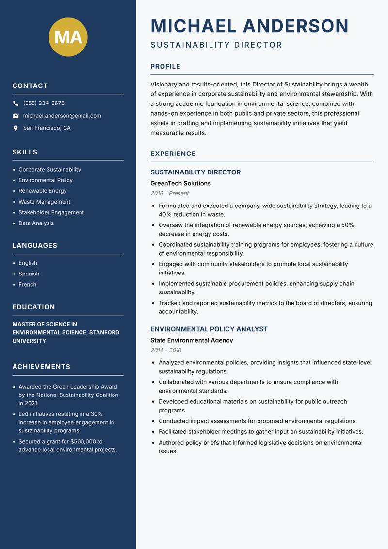 Director of Sustainability resume sample — Sustainability Director focus