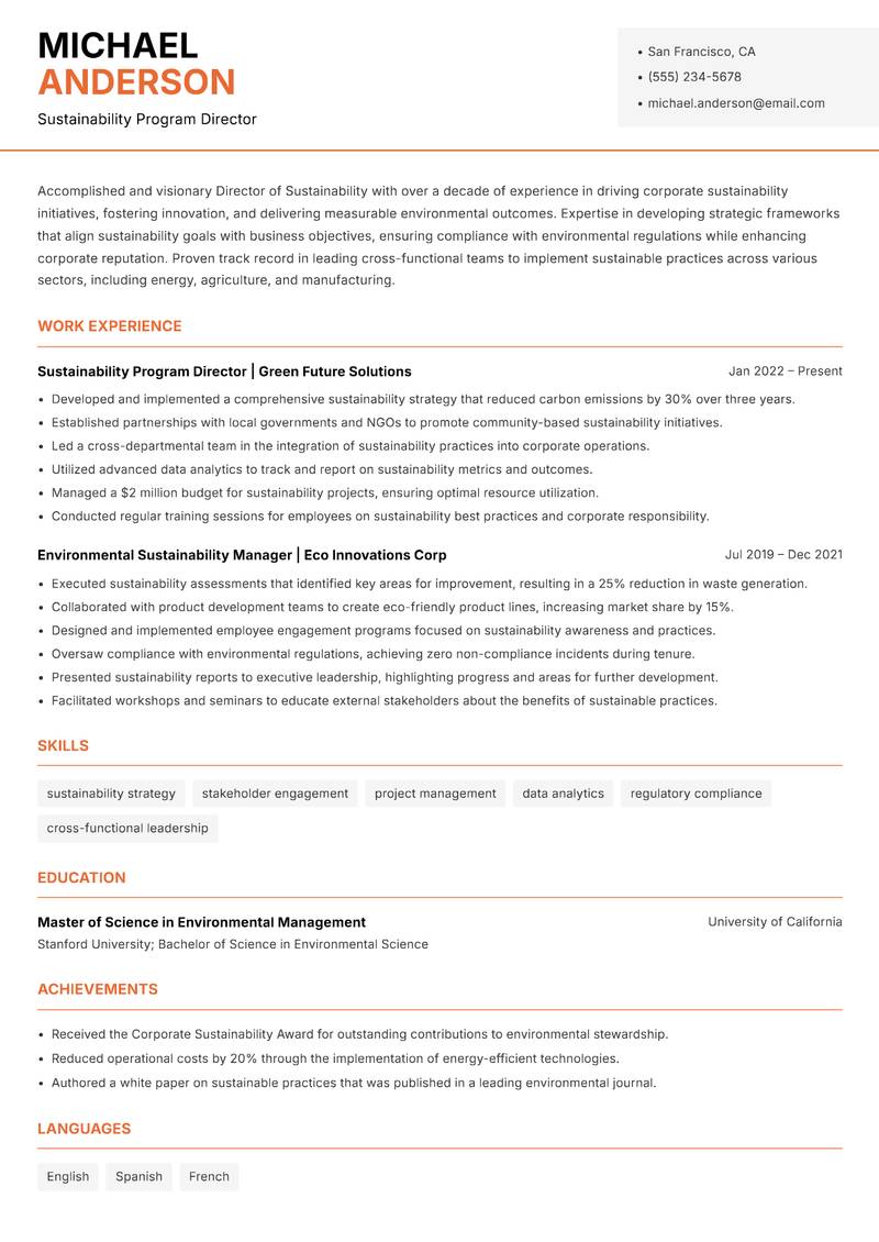 Director of Sustainability resume sample — Sustainability Program Director focus