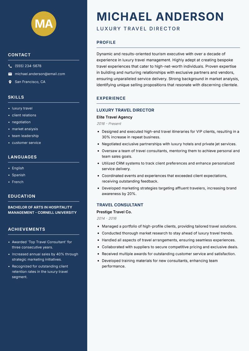 Director of Tourism resume sample — Luxury Travel Director focus