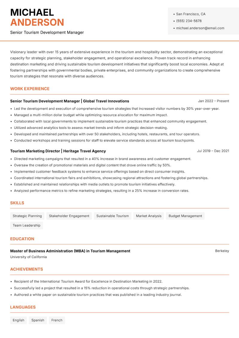 Director of Tourism resume sample — Senior Tourism Development Manager focus