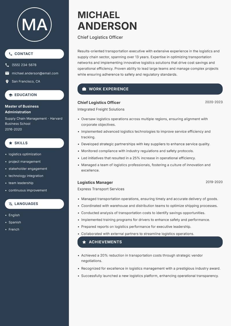Director of Transportation resume sample — Chief Logistics Officer focus