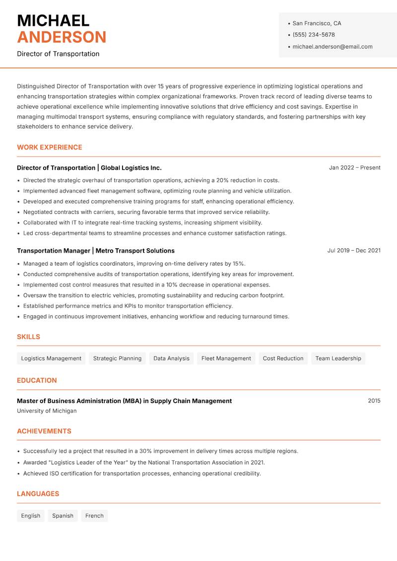 Director of Transportation resume sample — Director of Transportation focus