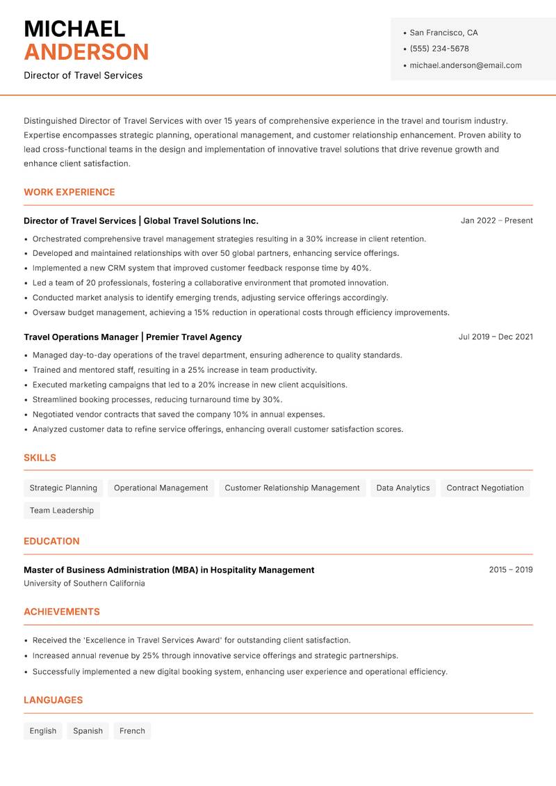 Director of Travel Services resume sample — Director of Travel Services focus