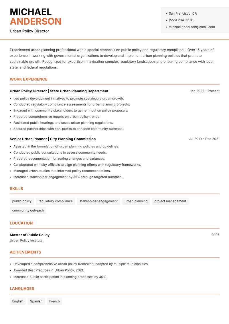 Director of Urban Planning resume sample — Urban Policy Director focus