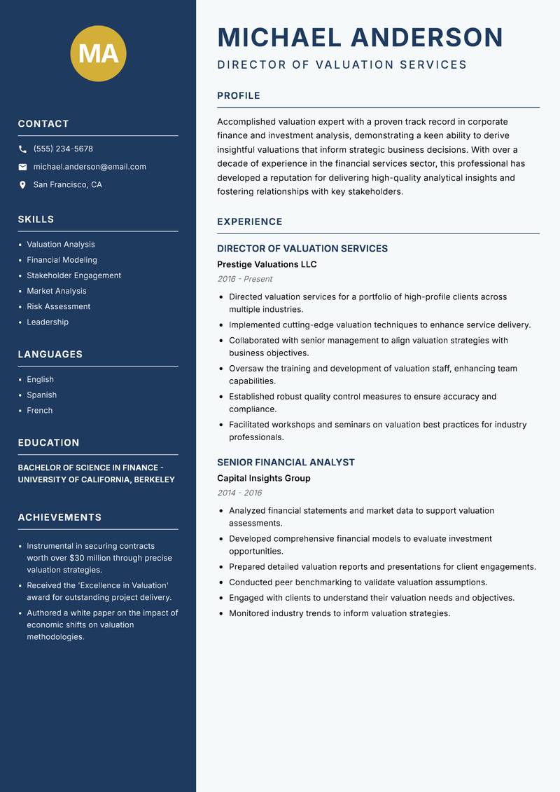 Director of Valuation resume sample — Director of Valuation Services focus