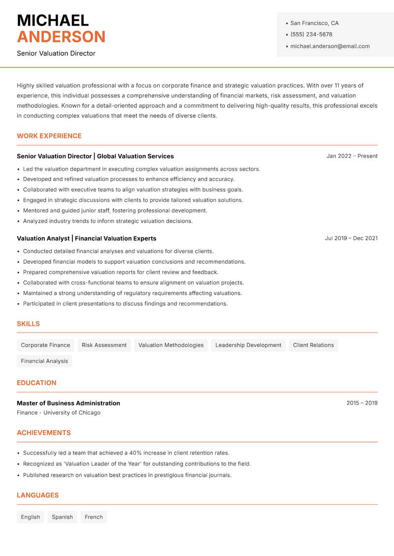 Director of Valuation resume sample — Senior Valuation Director focus