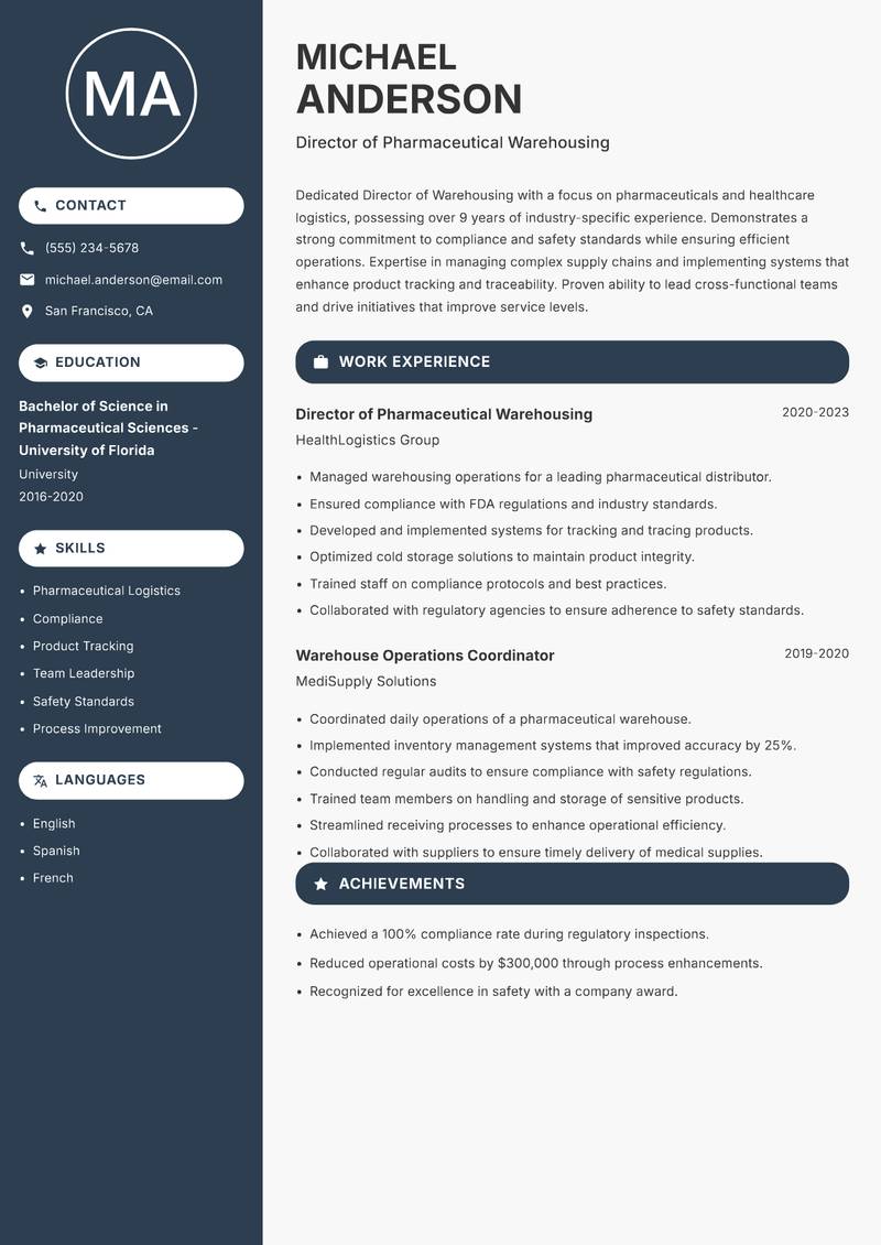 Director of Warehousing resume sample — Director of Pharmaceutical Warehousing focus