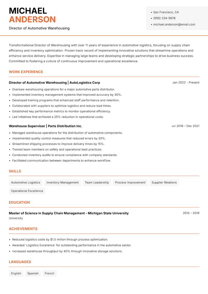 Director of Warehousing resume sample — Director of Automotive Warehousing focus