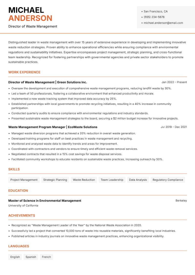 Director of Waste Management resume sample — Director of Waste Management focus