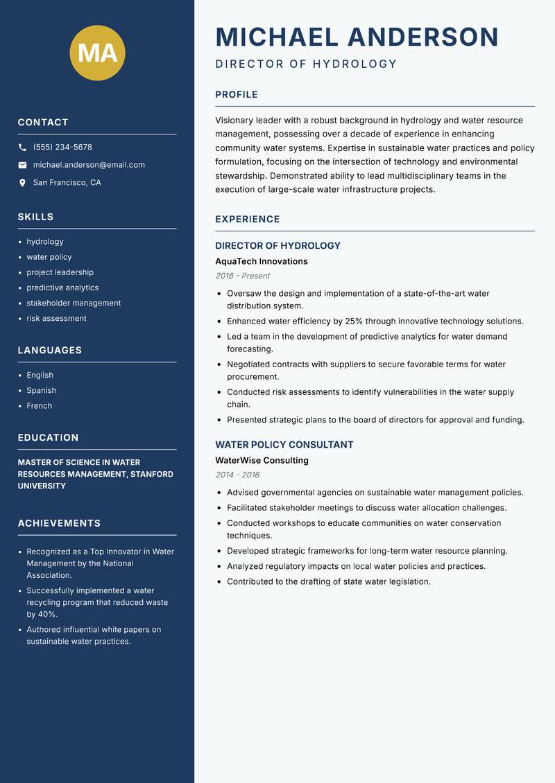 Director of Water Resources resume sample — Director of Hydrology focus