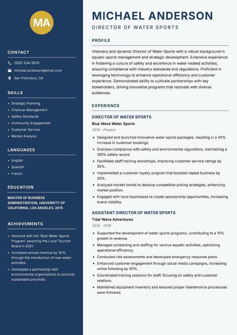Director of Water Sports resume sample — Director of Water Sports focus