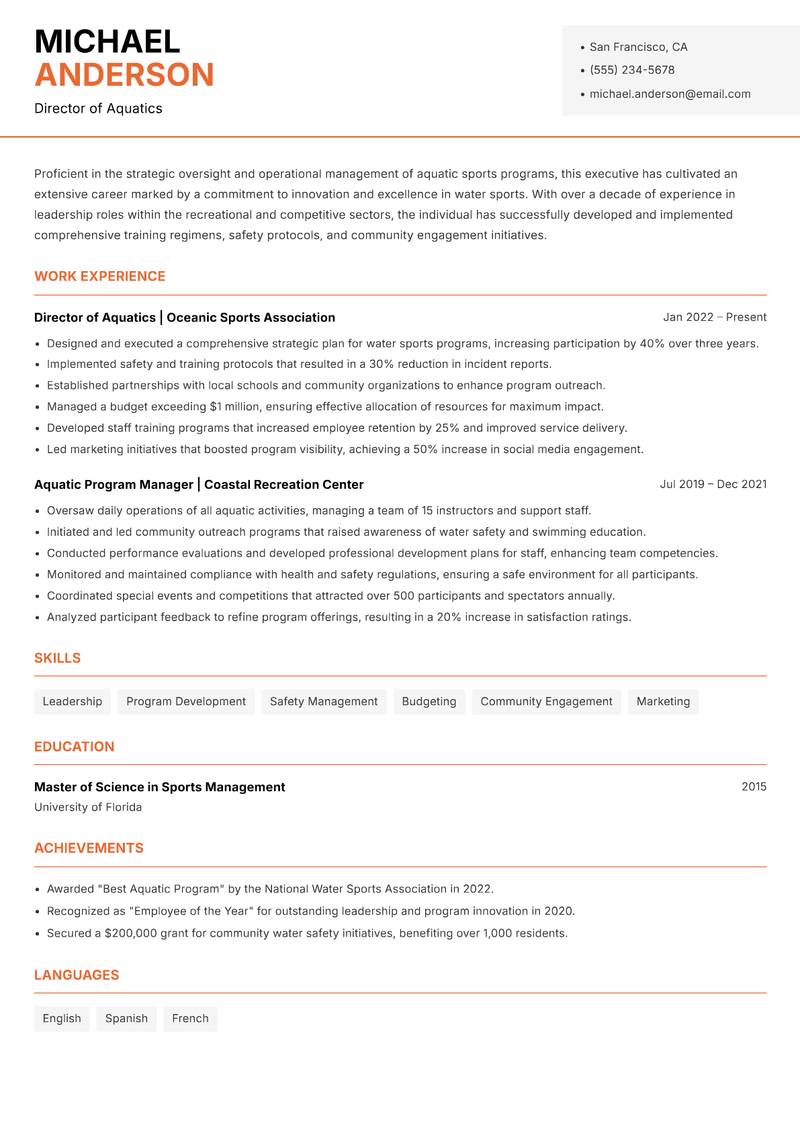 Director of Water Sports resume sample — Director of Aquatics focus