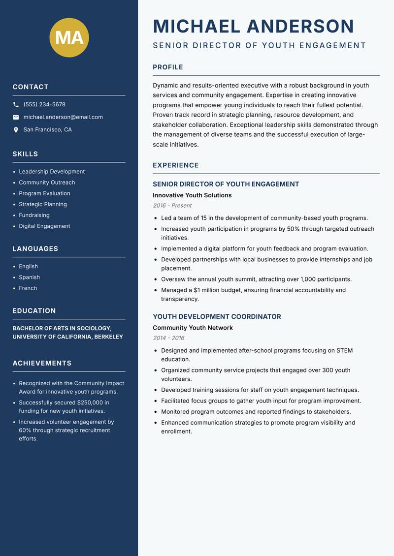 Director of Youth Development resume sample — Senior Director of Youth Engagement focus