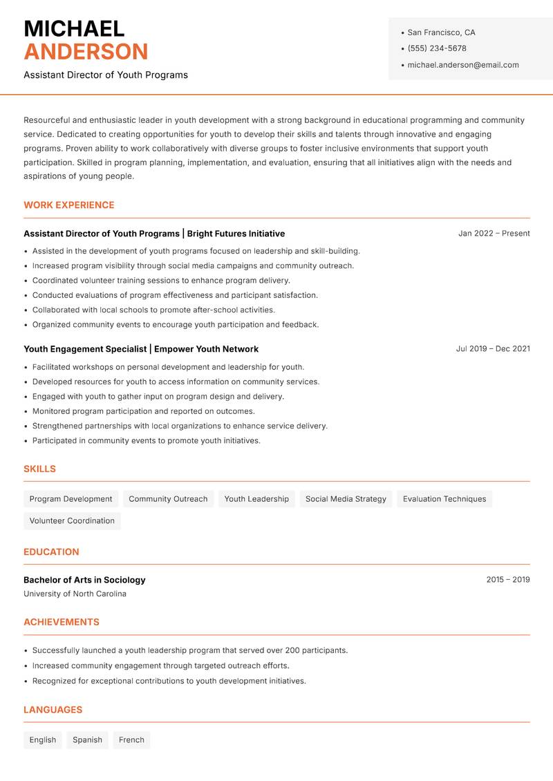 Director of Youth Development resume sample — Assistant Director of Youth Programs focus