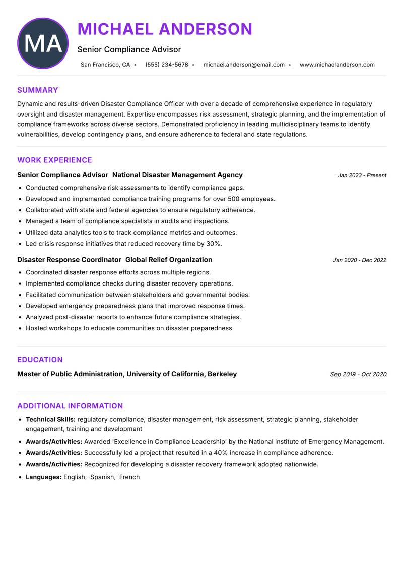 Disaster Compliance Officer resume example