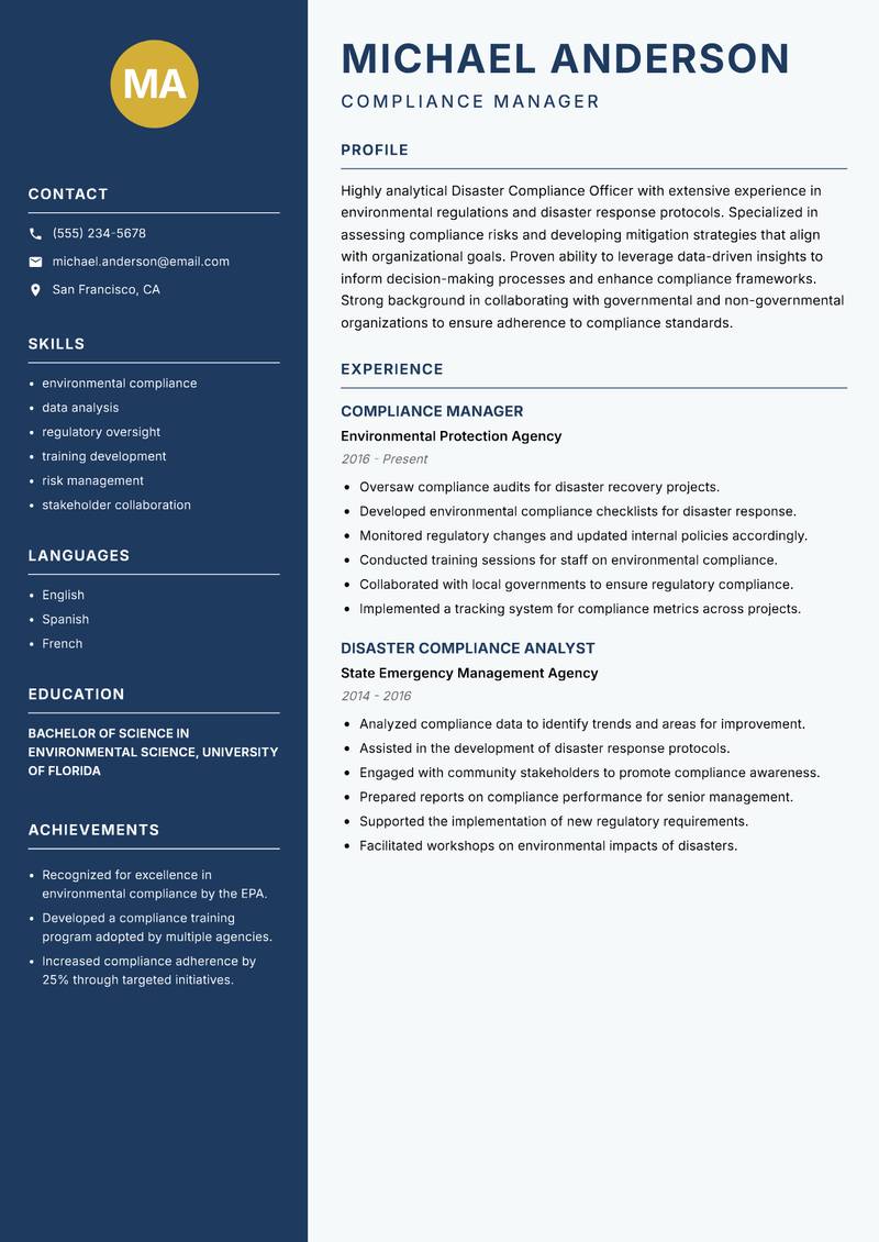 Disaster Compliance Officer resume sample — Compliance Manager focus