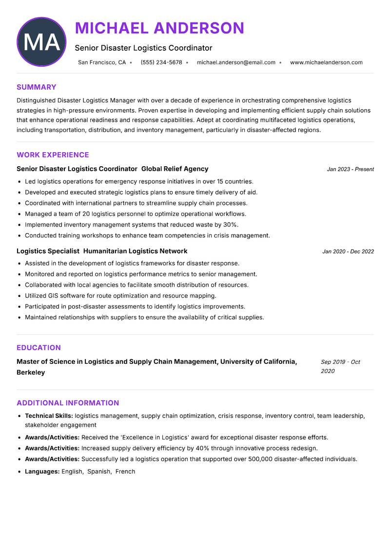 Disaster Logistics Manager resume example