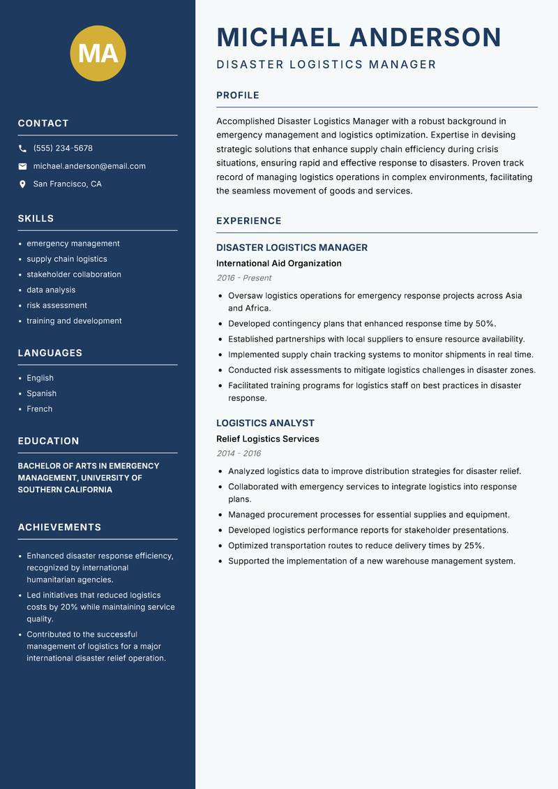 Disaster Logistics Manager resume sample — Disaster Logistics Manager focus