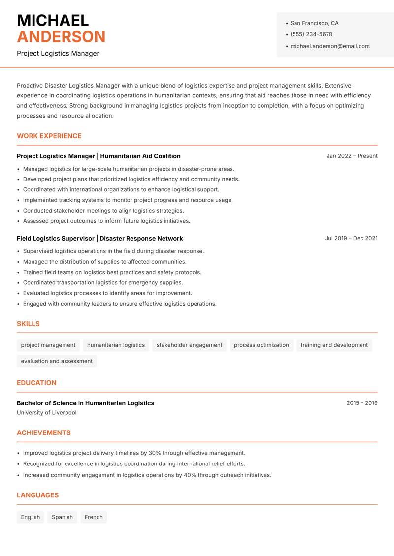 Disaster Logistics Manager resume sample — Project Logistics Manager focus
