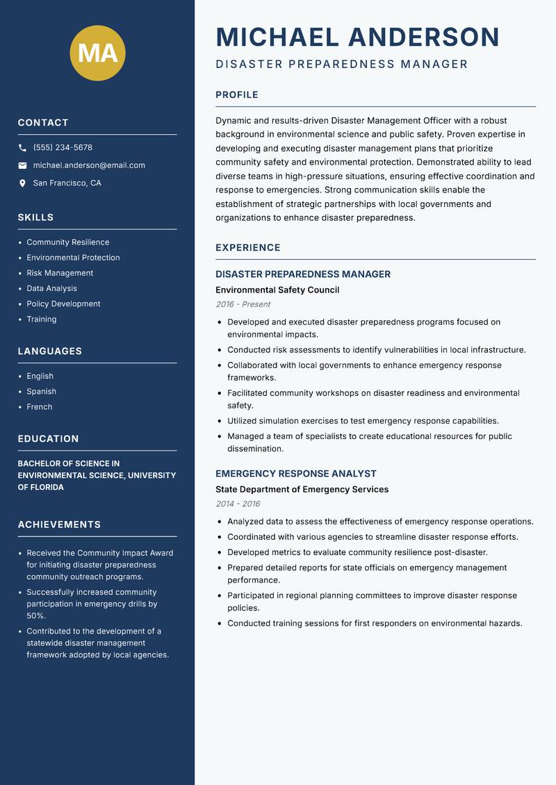 Disaster Management Officer resume sample — Disaster Preparedness Manager focus