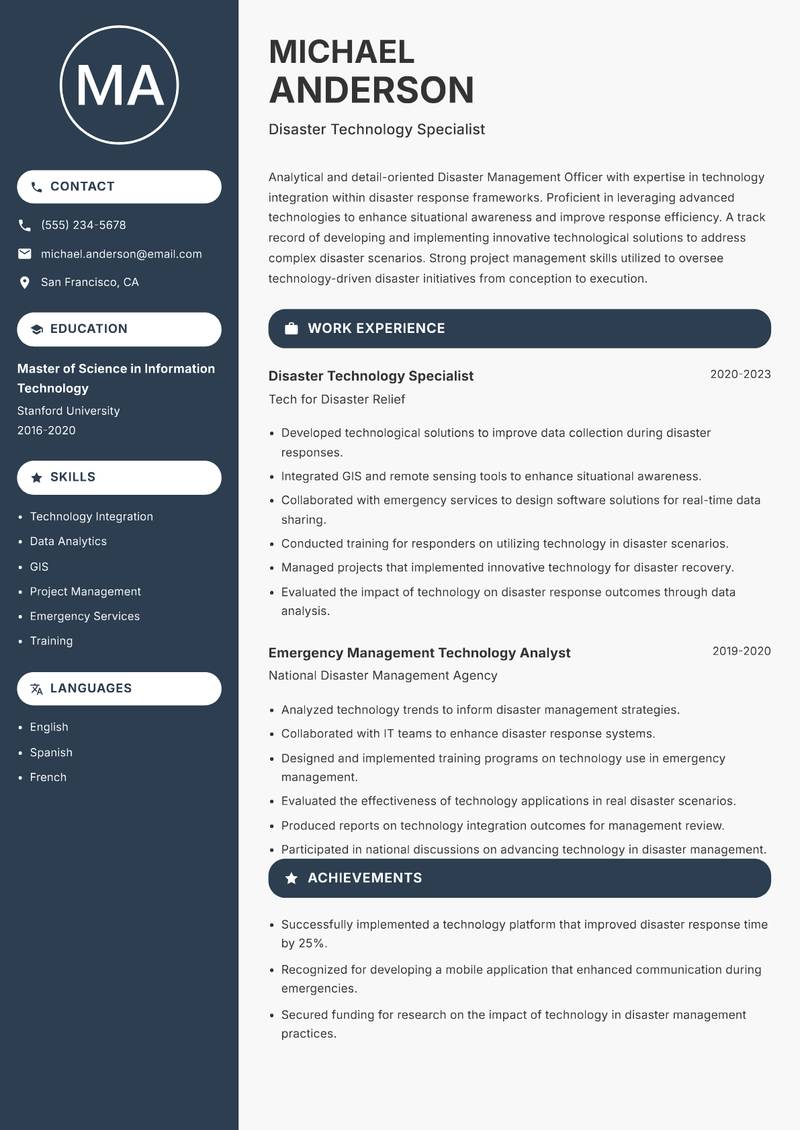 Disaster Management Officer resume sample — Disaster Technology Specialist focus