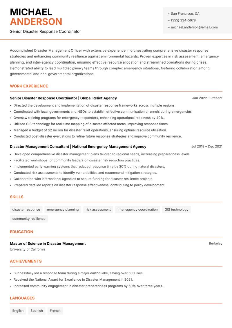 Disaster Management Officer resume sample — Senior Disaster Response Coordinator focus