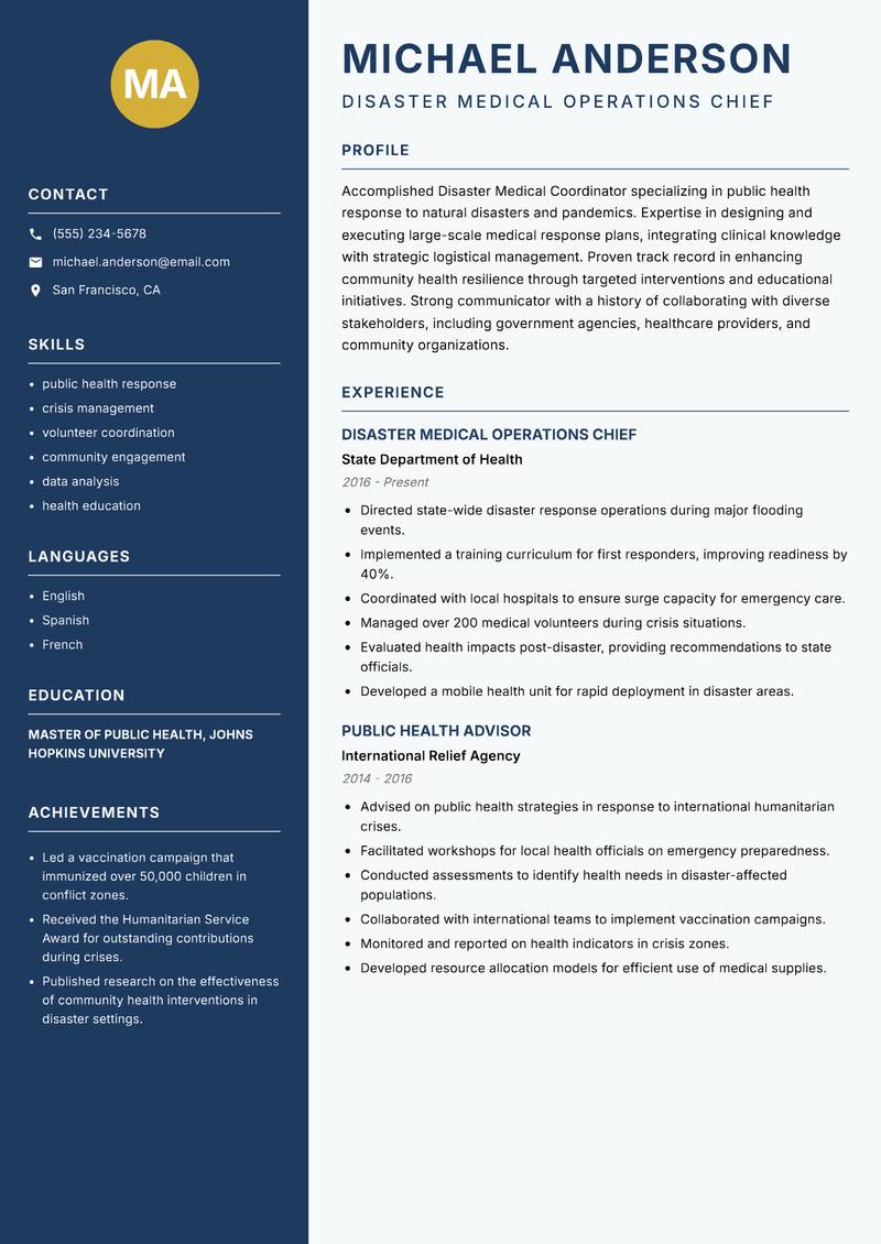 Disaster Medical Coordinator resume sample — Disaster Medical Operations Chief focus