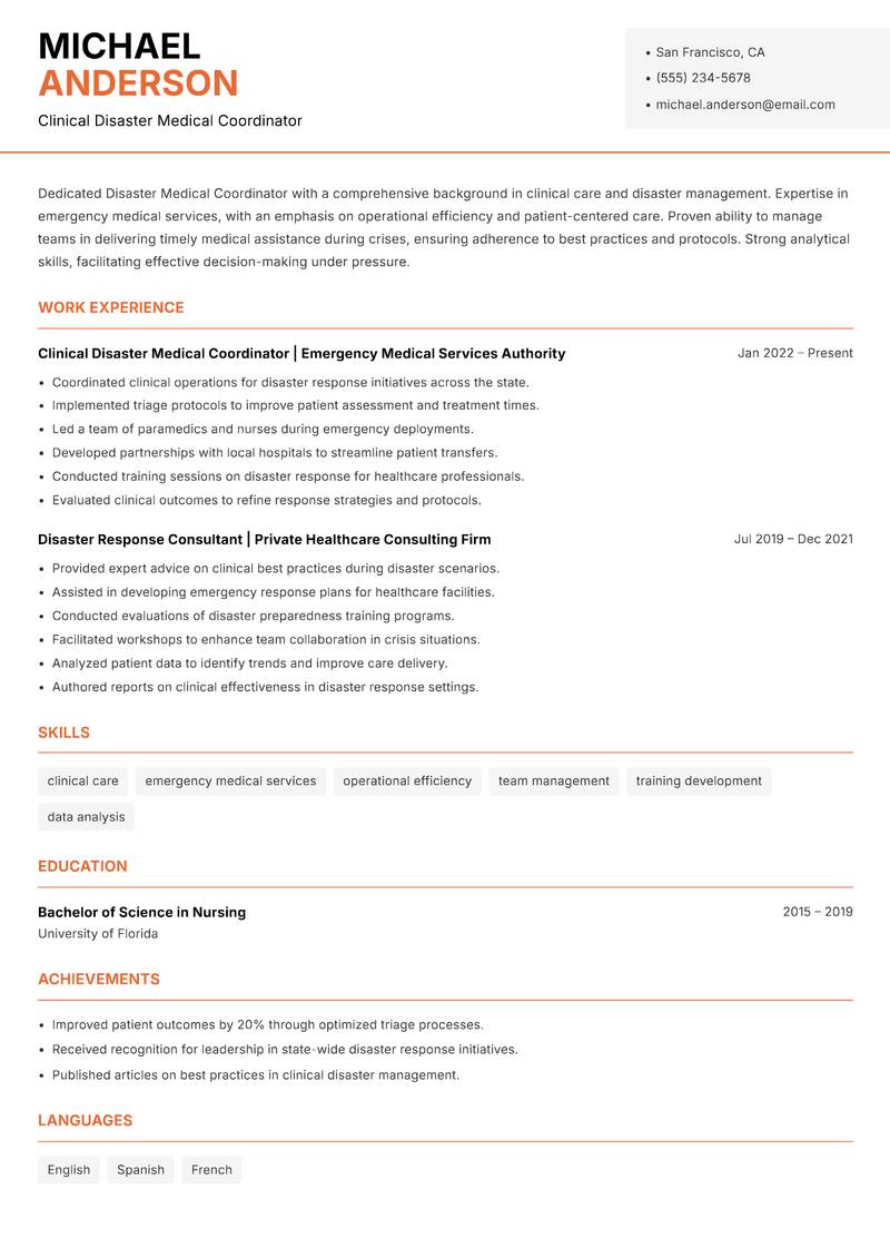 Disaster Medical Coordinator resume sample — Clinical Disaster Medical Coordinator focus