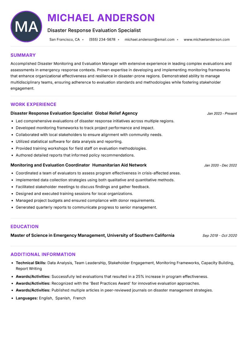 Disaster Monitoring and Evaluation Manager resume example