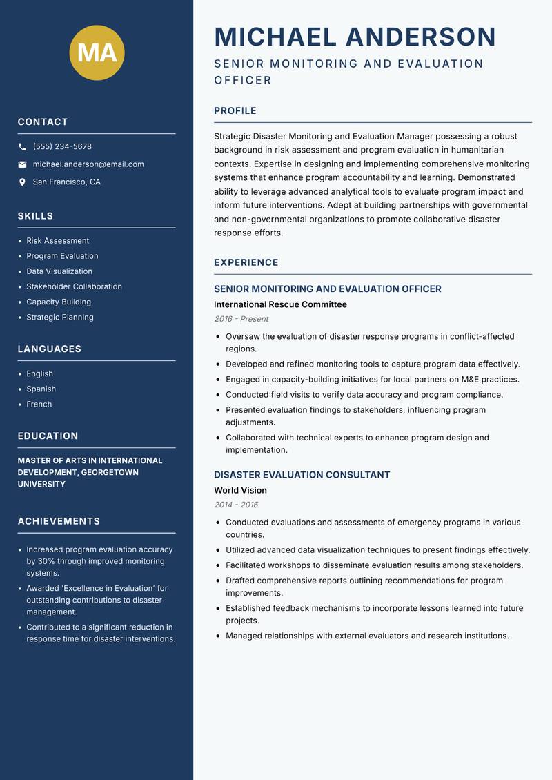 Disaster Monitoring and Evaluation Manager resume sample — Senior Monitoring and Evaluation Officer focus