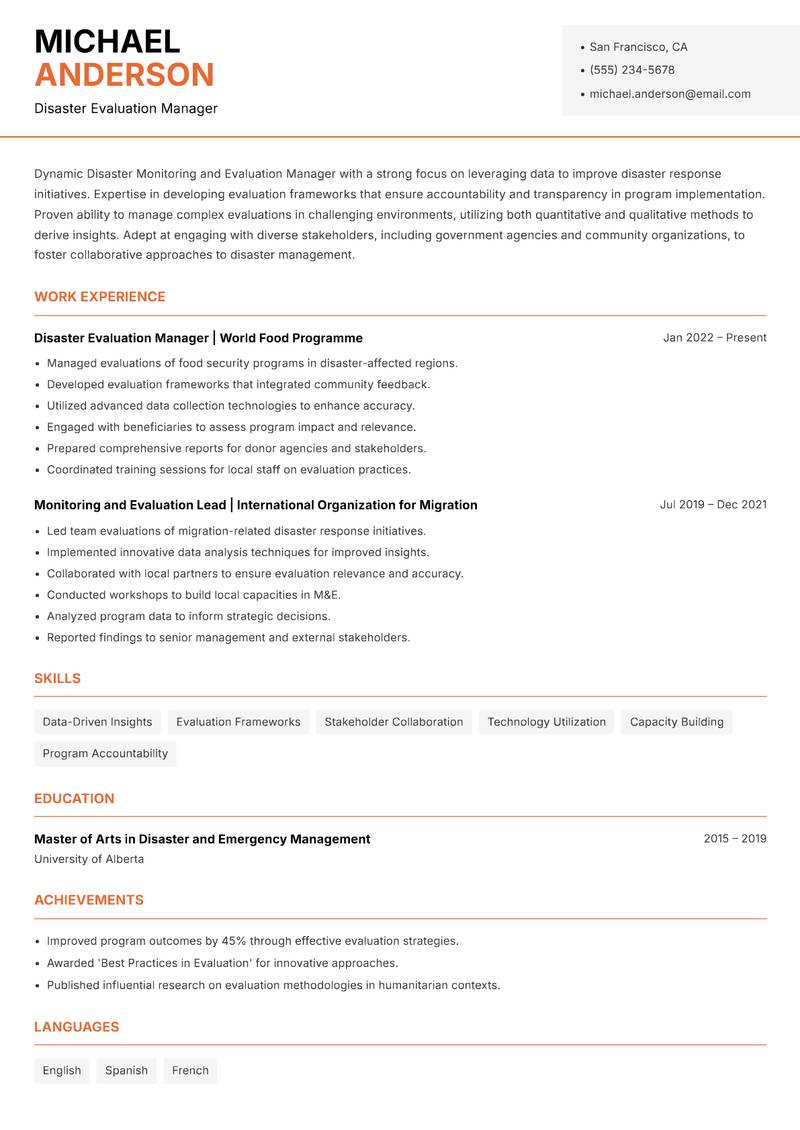 Disaster Monitoring and Evaluation Manager resume sample — Disaster Evaluation Manager focus
