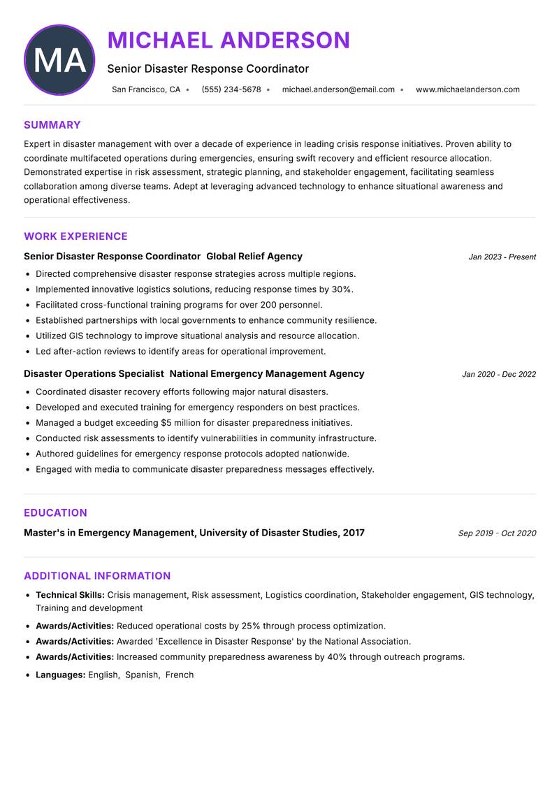 Disaster Operations Manager resume example