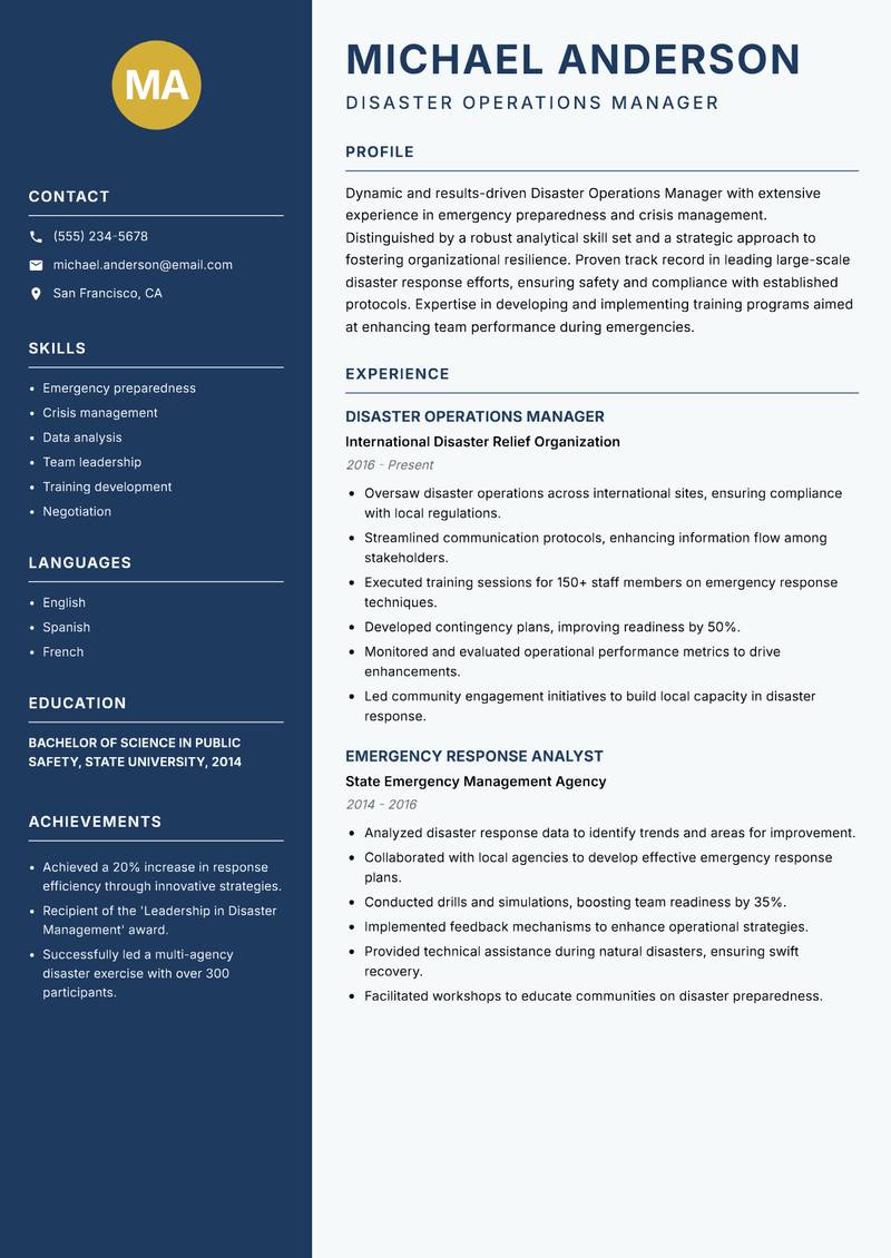 Disaster Operations Manager resume sample — Disaster Operations Manager focus
