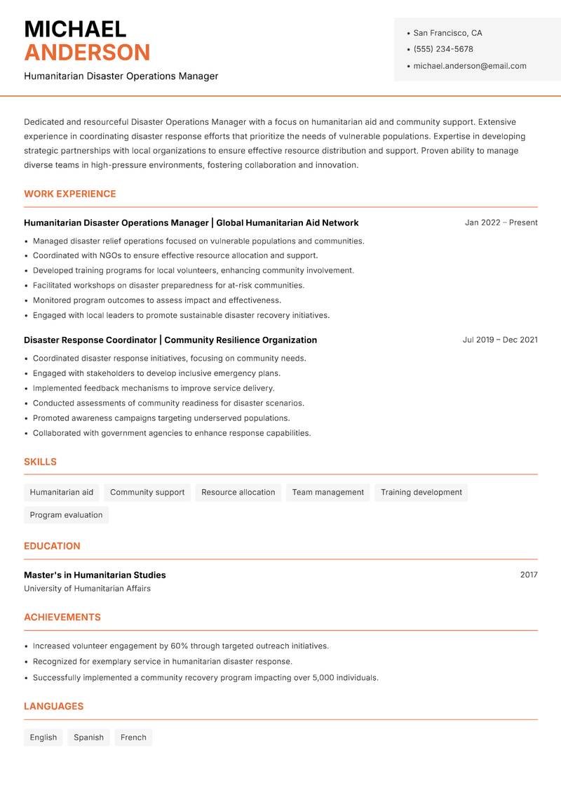 Disaster Operations Manager resume sample — Humanitarian Disaster Operations Manager focus