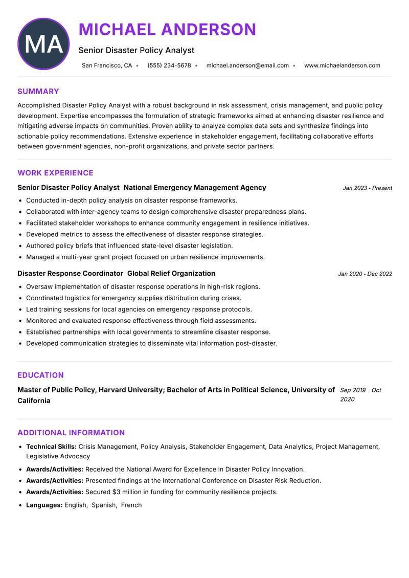 Disaster Policy Analyst resume example