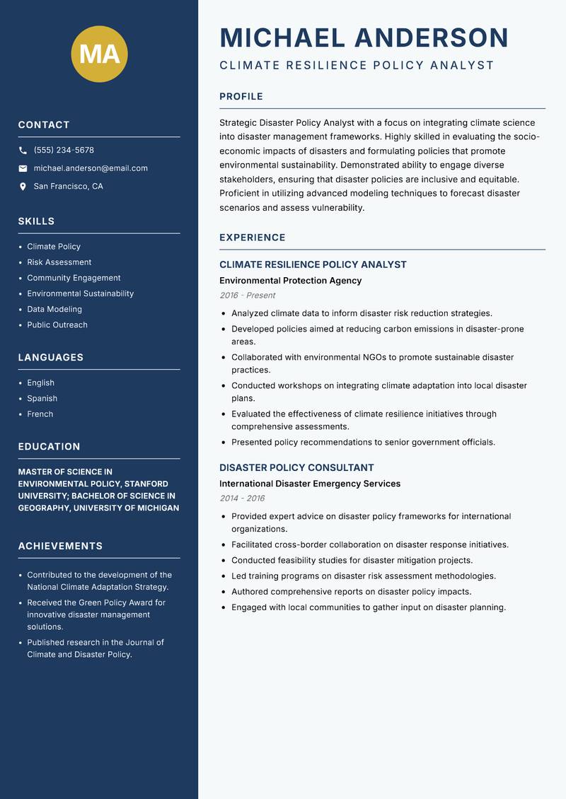 Disaster Policy Analyst resume sample — Climate Resilience Policy Analyst focus