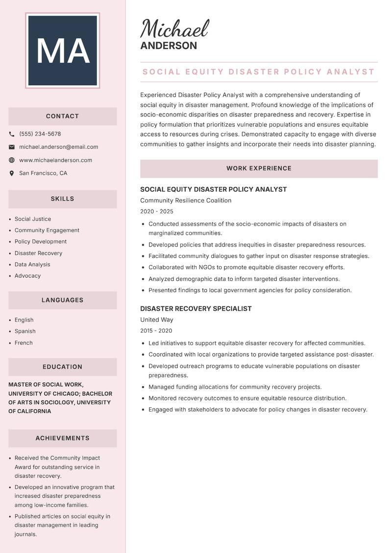 Disaster Policy Analyst resume sample — Social Equity Disaster Policy Analyst focus