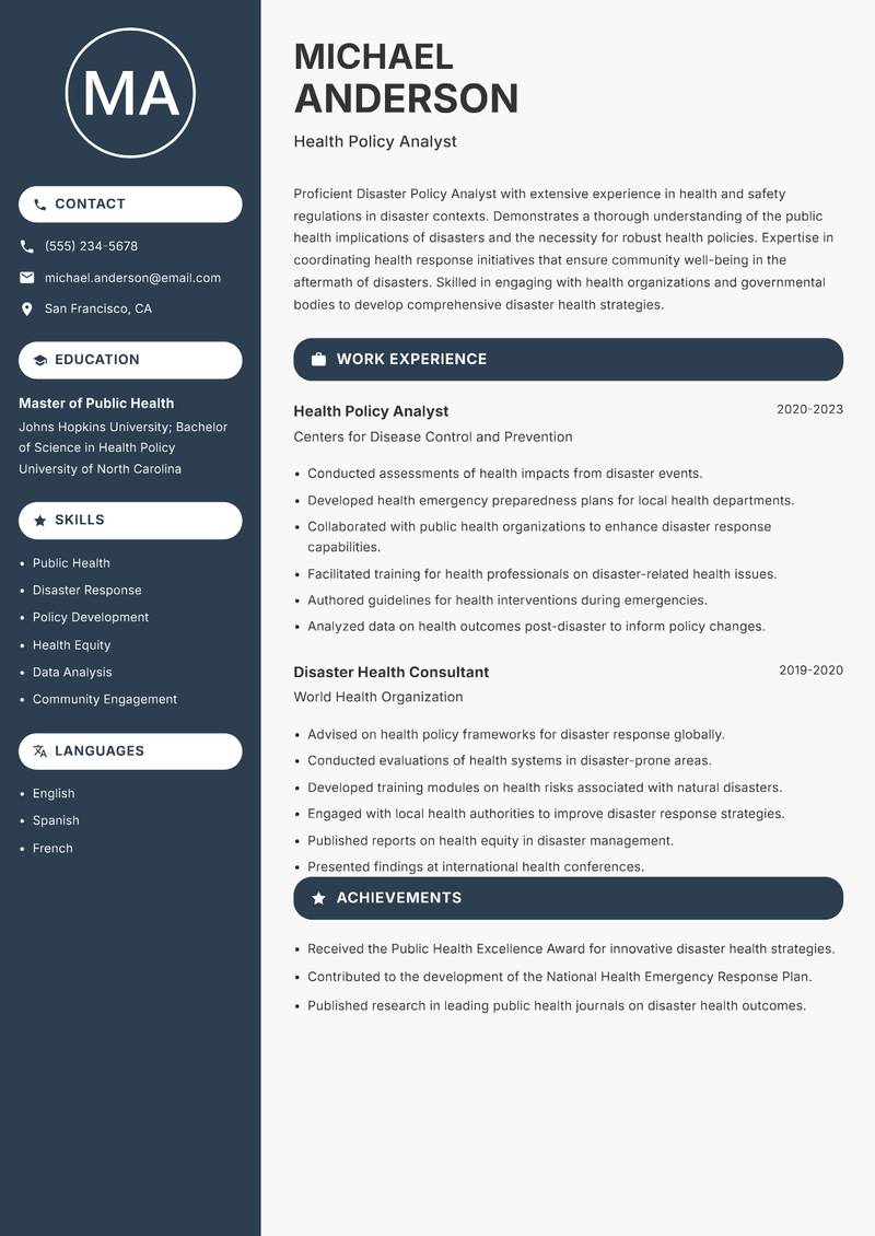 Disaster Policy Analyst resume sample — Health Policy Analyst focus