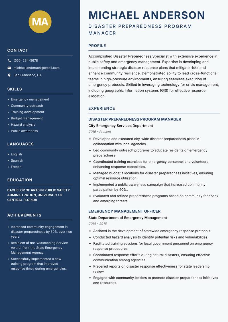 Disaster Preparedness Specialist resume sample — Disaster Preparedness Program Manager focus