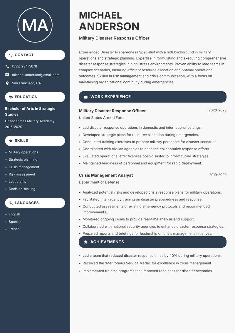 Disaster Preparedness Specialist resume sample — Military Disaster Response Officer focus