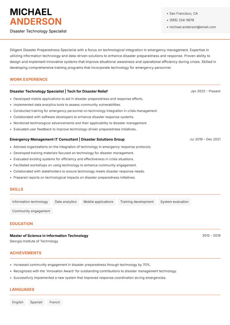 Disaster Preparedness Specialist resume sample — Disaster Technology Specialist focus