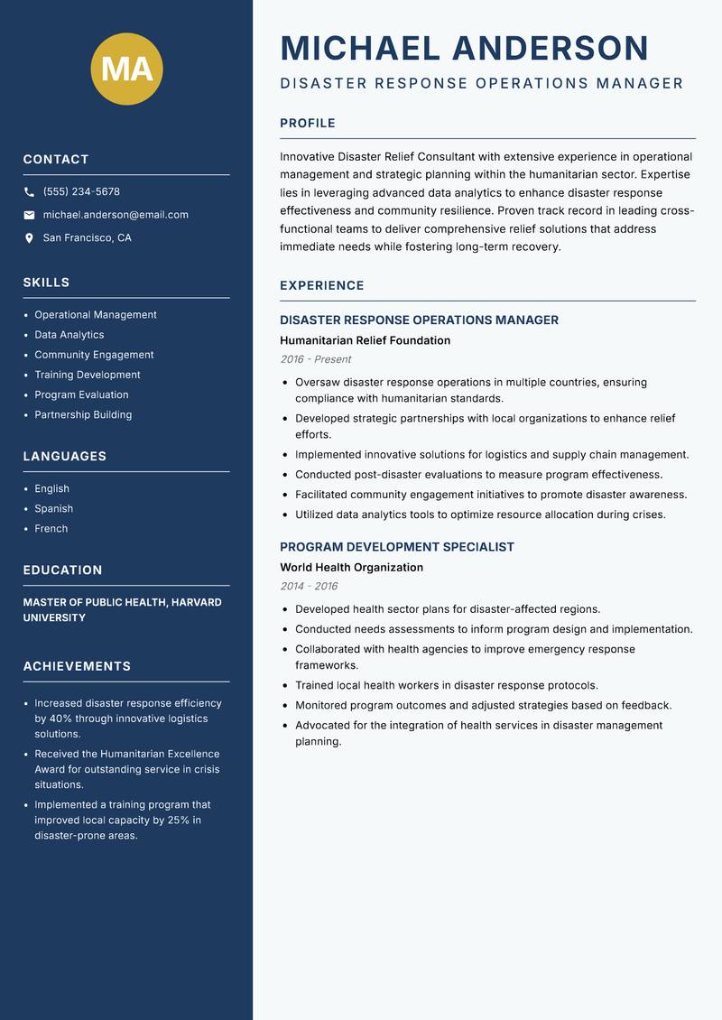 Disaster Relief Consultant resume sample — Disaster Response Operations Manager focus