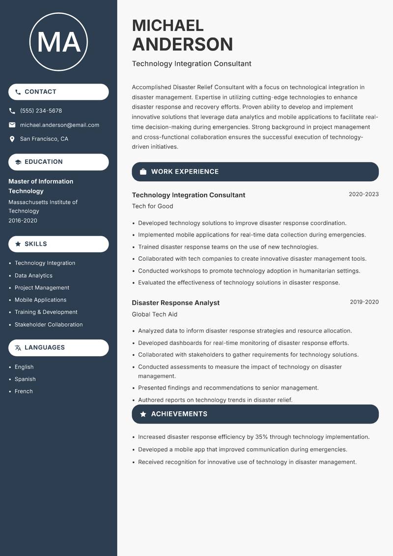 Disaster Relief Consultant resume sample — Technology Integration Consultant focus