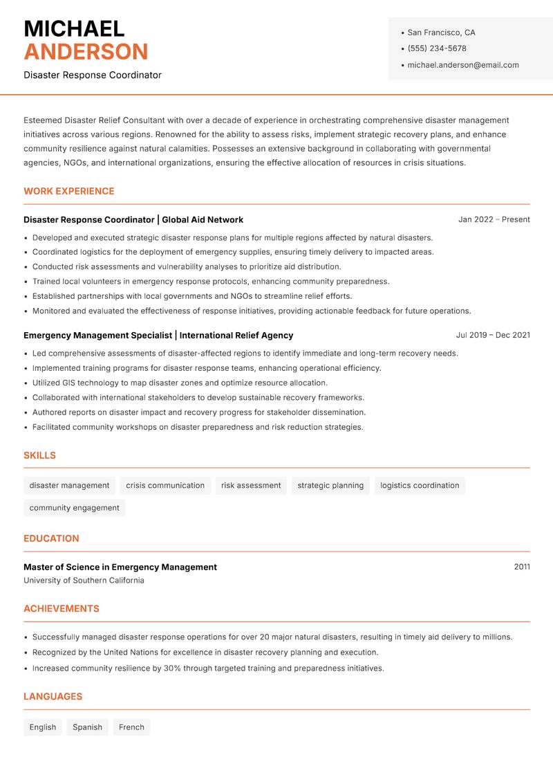 Disaster Relief Consultant resume sample — Disaster Response Coordinator focus